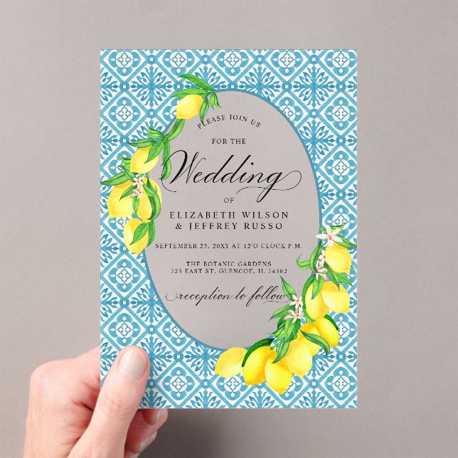 Sicilian Blue Tiles Summer Lemon Boho Wedding Acrylic Invitations (Insitu (Handheld))