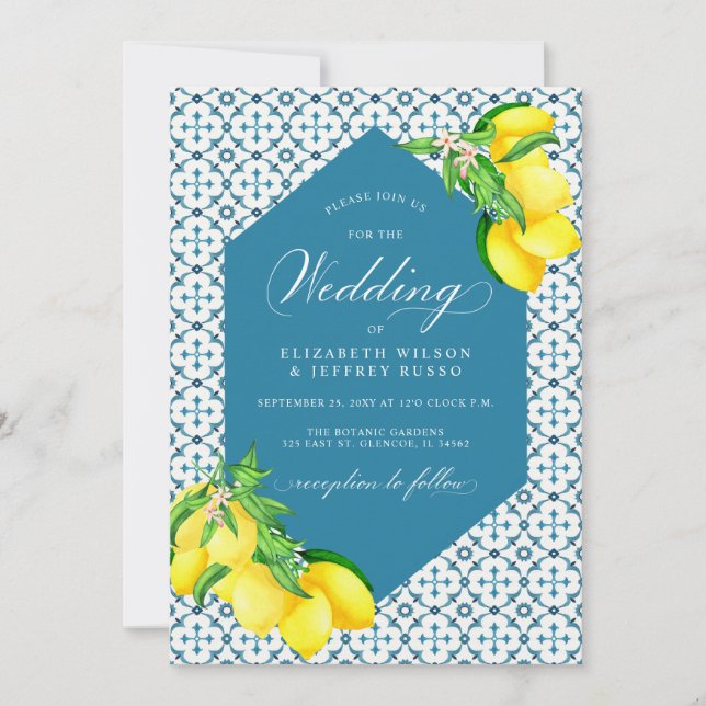 Sicilian Blue Tiles Summer Lemon Boho Wedding Invitation (Front)