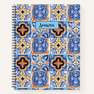 Sicilian Blue white Mediterranean ceramic tiles Notebook