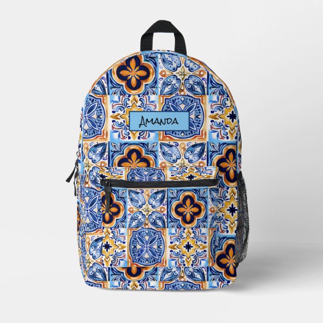  Sicilian Blue white Mediterranean ceramic tiles Printed Backpack (Front)