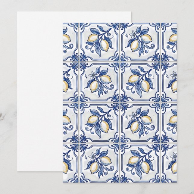 Sicilian Blue & White Tiles With Lemons Invitation (Front/Back)