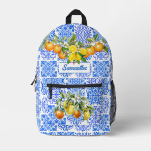 Sicilian blue yellow citrus Mediterranean azulejo Printed Backpack