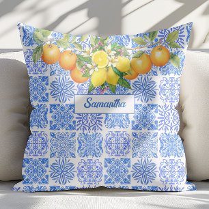 Sicilian blue yellow citrus Mediterranean azulejo Throw Pillow