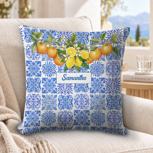 Sicilian Blue Yellow Mediterranean Citrus Tile Throw Pillow