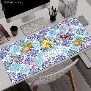 Sicilian citrus floral Mediterranean azulejo tiles Desk Mat