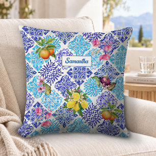 Sicilian citrus floral Mediterranean azulejo tiles Throw Pillow