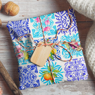 Sicilian citrus floral Mediterranean azulejo tiles Wrapping Paper