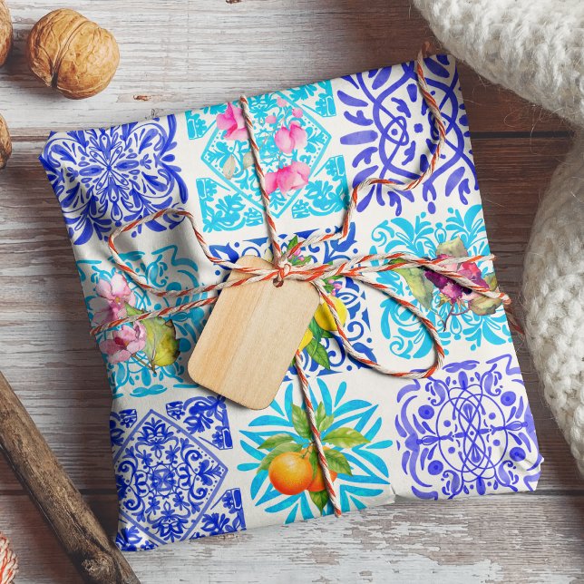Sicilian citrus floral Mediterranean azulejo tiles Wrapping Paper (Creator Uploaded)