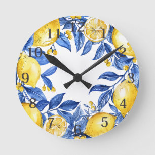 Sicilian Lemon Tiles Pattern Mediterranean Dolce Round Clock