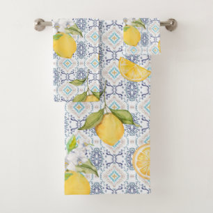 Sicilian Lemon Watercolor Pattern with Ornate Blue Bath Towel Set