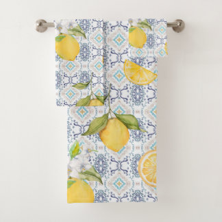 Sicilian Lemon Watercolor Pattern with Ornate Blue Bath Towel Set