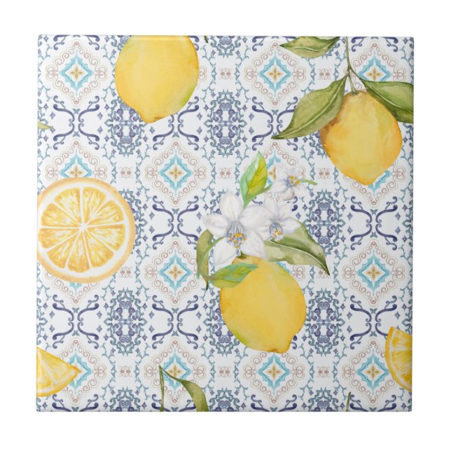Sicilian Lemon Watercolor Pattern with Ornate Blue Tile (Front)