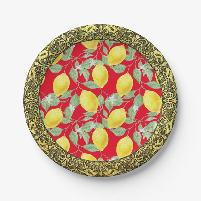 Sicilian Lemons Baroque Gold Border Paper Plate (Front)