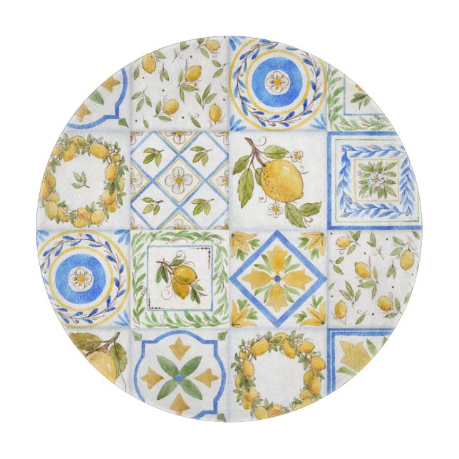 Sicilian Lemons Watercolor Square Pattern Cutting Board (Front)
