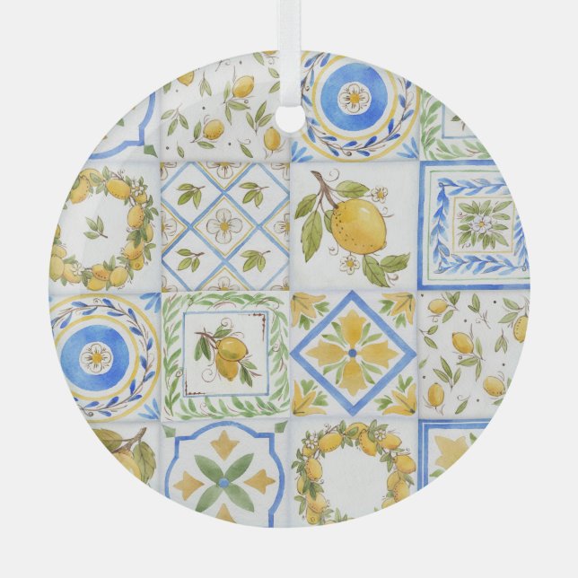 Sicilian Lemons Watercolor Square Pattern Glass Ornament (Front)