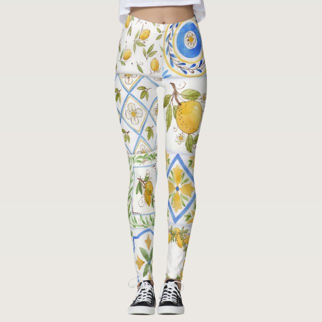 Sicilian Lemons Watercolor Square Pattern Leggings (Front)