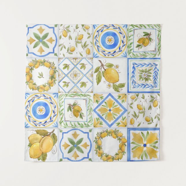 Sicilian Lemons Watercolor Square Pattern Tapestry (Front)
