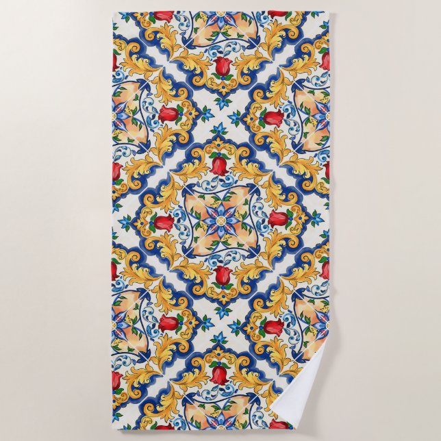 Sicilian Majolica Colorful Tile Pattern Beach Towel (Front)
