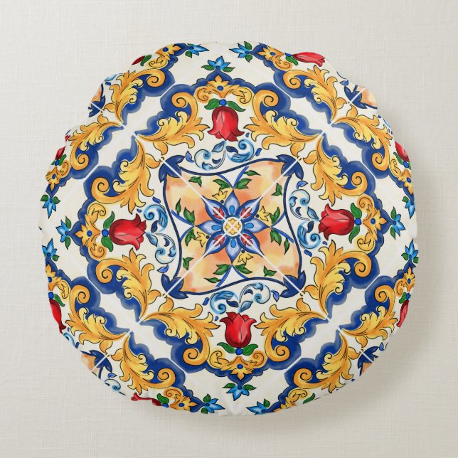 Sicilian Majolica Colorful Tile Pattern Round Pillow (Front)