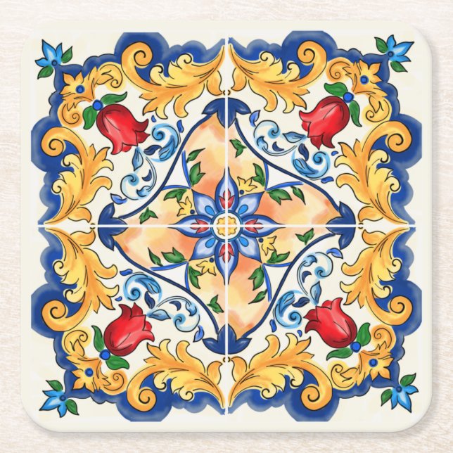 Sicilian Majolica Colorful Tile Pattern Square Paper Coaster (Front)