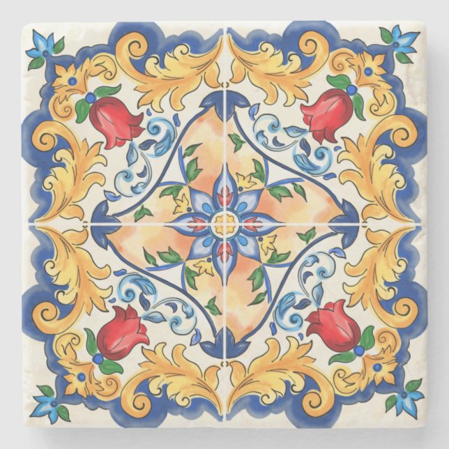 Sicilian Majolica Colorful Tile Pattern Stone Coaster (Front)