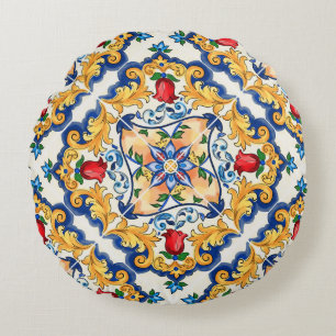 Sicilian Majolica Colourful Tile Pattern Round Pillow