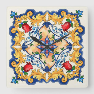 Sicilian Majolica Colourful Tile Pattern Square Wall Clock