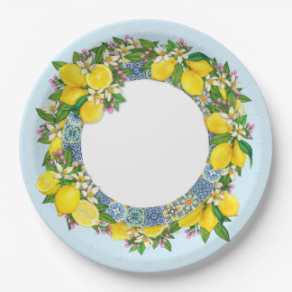 Sicilian Majolica Tiles Floral Leafy Lemon Garland Paper Plate