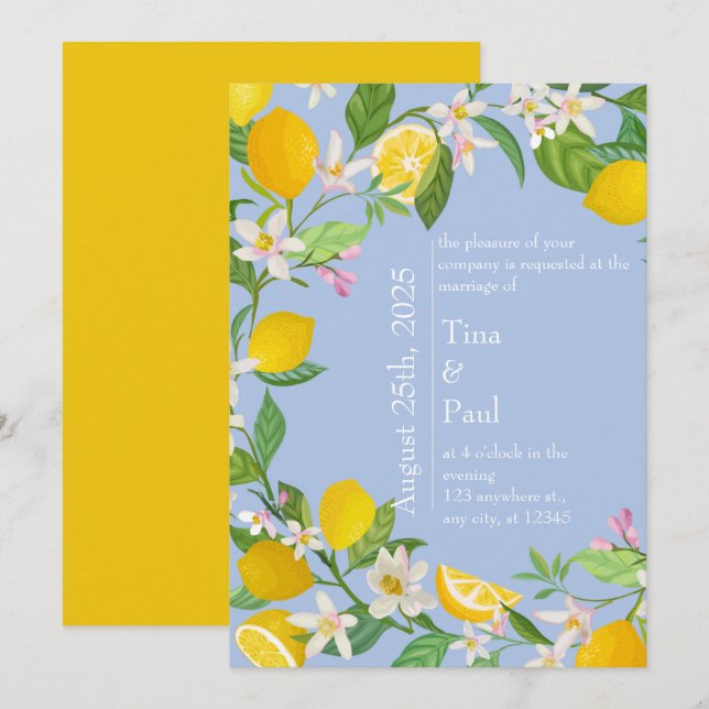 Sicilian Mediterranean Blue Lemon Wedding Invitation (Front/Back)