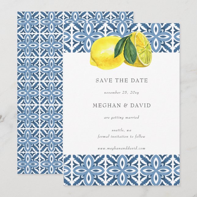 Sicilian Mediterranean Blue Lemons Save The Date   Announcement (Front/Back)