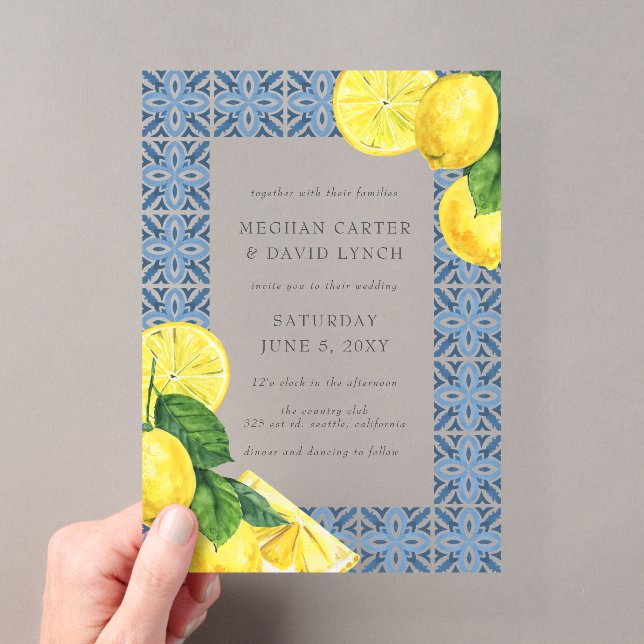 Sicilian Mediterranean Blue Tiles Lemon Wedding  Acrylic Invitations (Insitu (Handheld))