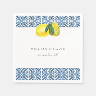 Sicilian Mediterranean Blue Tiles Lemons Wedding  Napkin