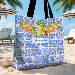 Sicilian Mediterranean Blue Yellow Citrus Azulejo Tote Bag