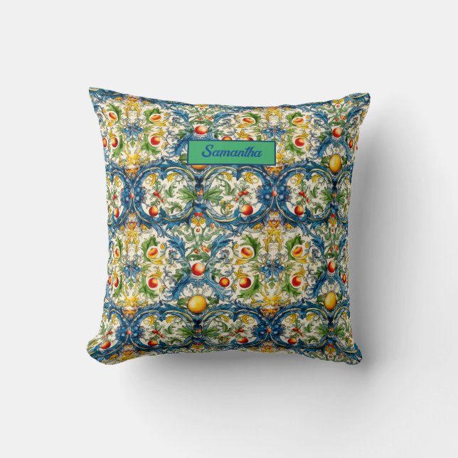 Sicilian Mediterranean citrus blue tiles Throw Pillow (Front)