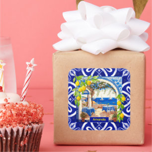 Sicilian Mediterranean majolica citrus blue tiles Square Sticker