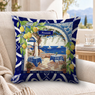 Sicilian Mediterranean majolica citrus blue tiles Throw Pillow