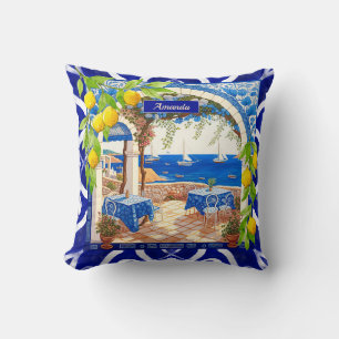 Sicilian Mediterranean majolica citrus blue tiles Throw Pillow