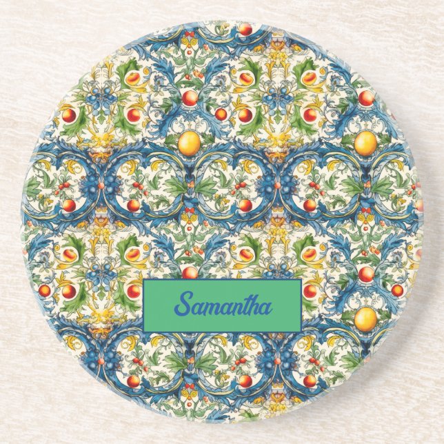 Sicilian Mediterranean oranges majolica blue Coaster (Front)