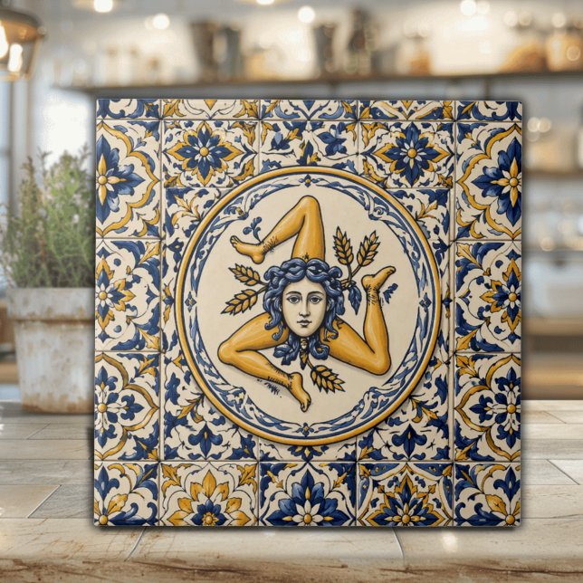 Sicilian Navy & Gold Ceramic Tile with Trinacria (Richly colored Sicilian ceramic tile with navy geometric ornamental pattern and circular Trinacria)