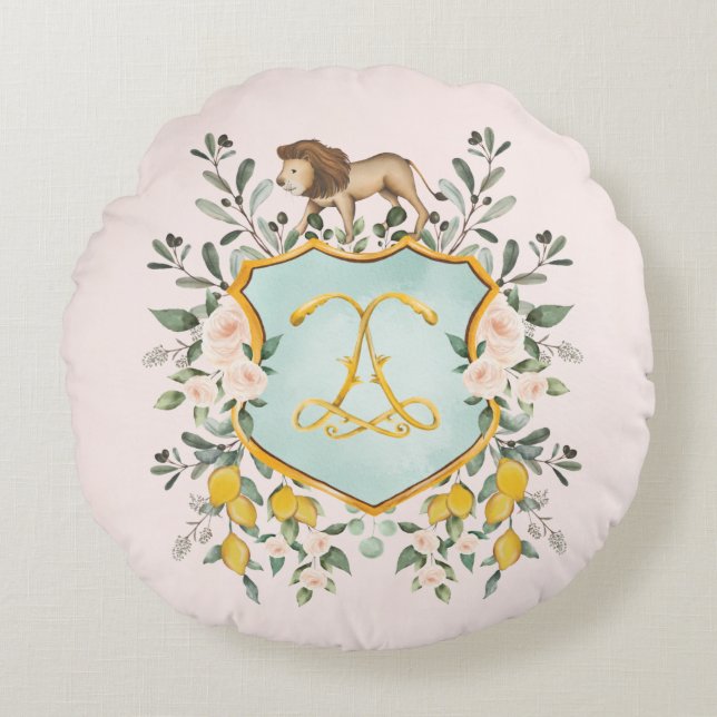 Sicilian Olive Branch Lemon Roses Lion Baby Girl Round Pillow (Front)