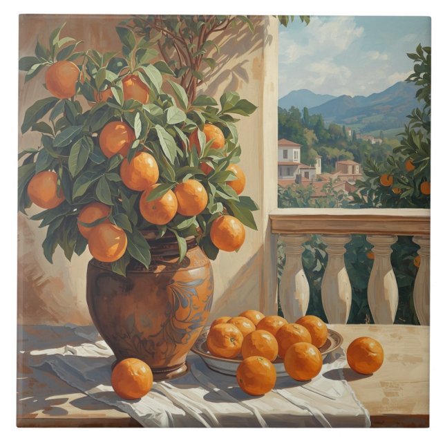 Sicilian Orange Tree Tile with Balustrade View (Front)