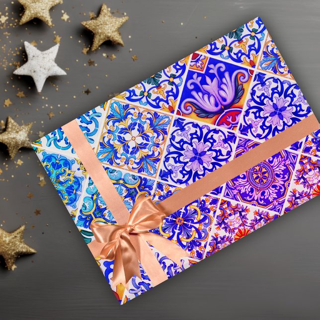 Sicilian Purple Blue Mediterranean Tile Pattern Wrapping Paper (Creator Uploaded)