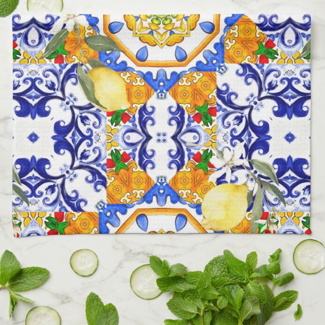 Sicilian style,lemons,majolica  kitchen towel (Folded)