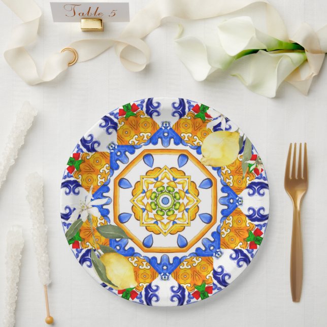Sicilian style,lemons,majolica  paper plate (Wedding)