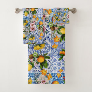 Sicilian style tiles with flowers and lemon bath towel set