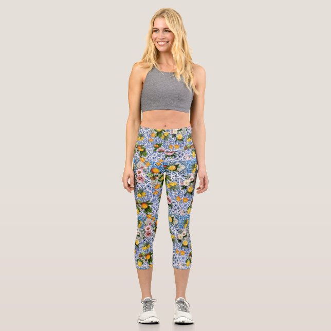 Sicilian style tiles with flowers and lemon capri leggings (Front)