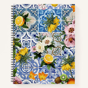 Sicilian style tiles with flowers and lemon notebook