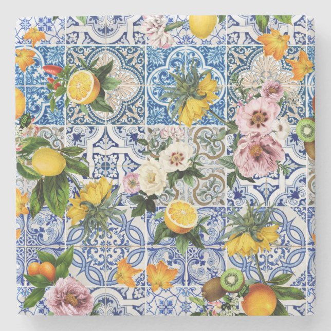 Sicilian style tiles with flowers and lemon stone coaster (Front)