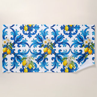 Sicilian,summer,lemon,mosaic,blue, Beach Towel