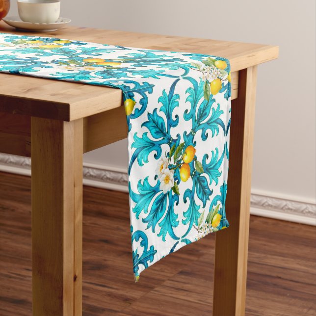 Sicilian,summer,lemon,mosaic,blue, Medium Table Runner (In Situ)